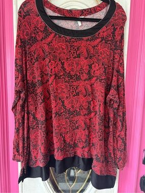 Cato Red Floral Lace-Pattern Long Sleeve Top with Black Trim
